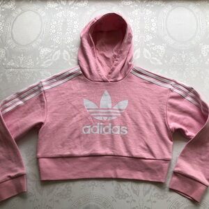 Adidas Pink Cropped Sweatshirt Hoodie Kids Girls Size S (9-10) 3 Stripes Logo